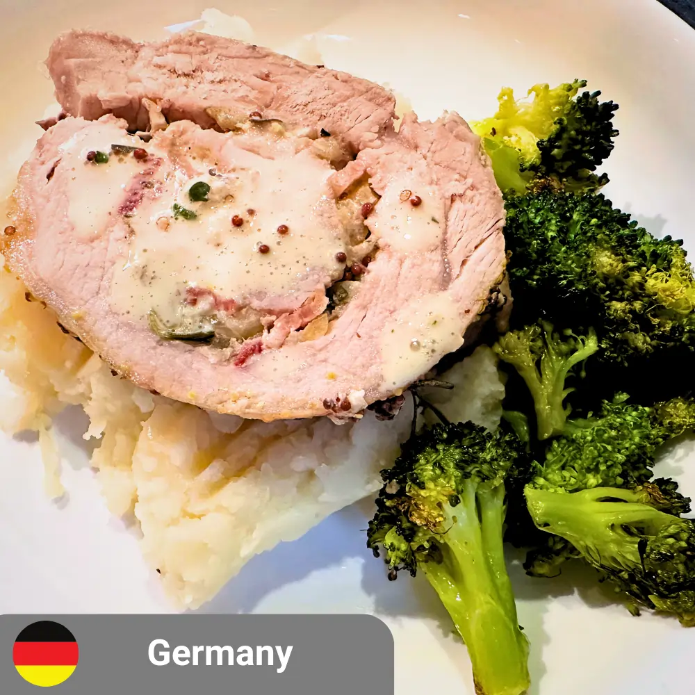German Herb-Stuffed Pork Loin with Mustard Pan Sauce, Sauerkraut-Potato Mash, Roasted Broccoli, and Applesauce (includes complimentary surprise dessert)