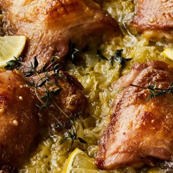 Creamy Chicken Thighs with Lemon and Thyme, Served with Couscous and a Fresh Salad