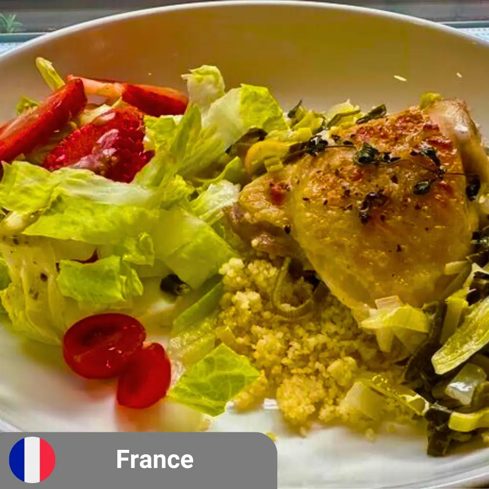 Creamy Chicken Thighs with Lemon and Thyme, Served with Couscous and a Fresh Salad (includes complimentary surprise dessert)