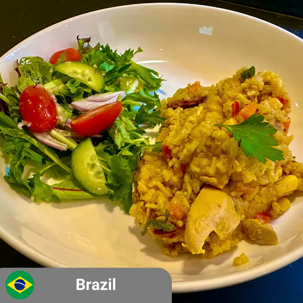 Galinhada with Farofa and a Fresh Green Salad (includes complimentary surprise dessert)