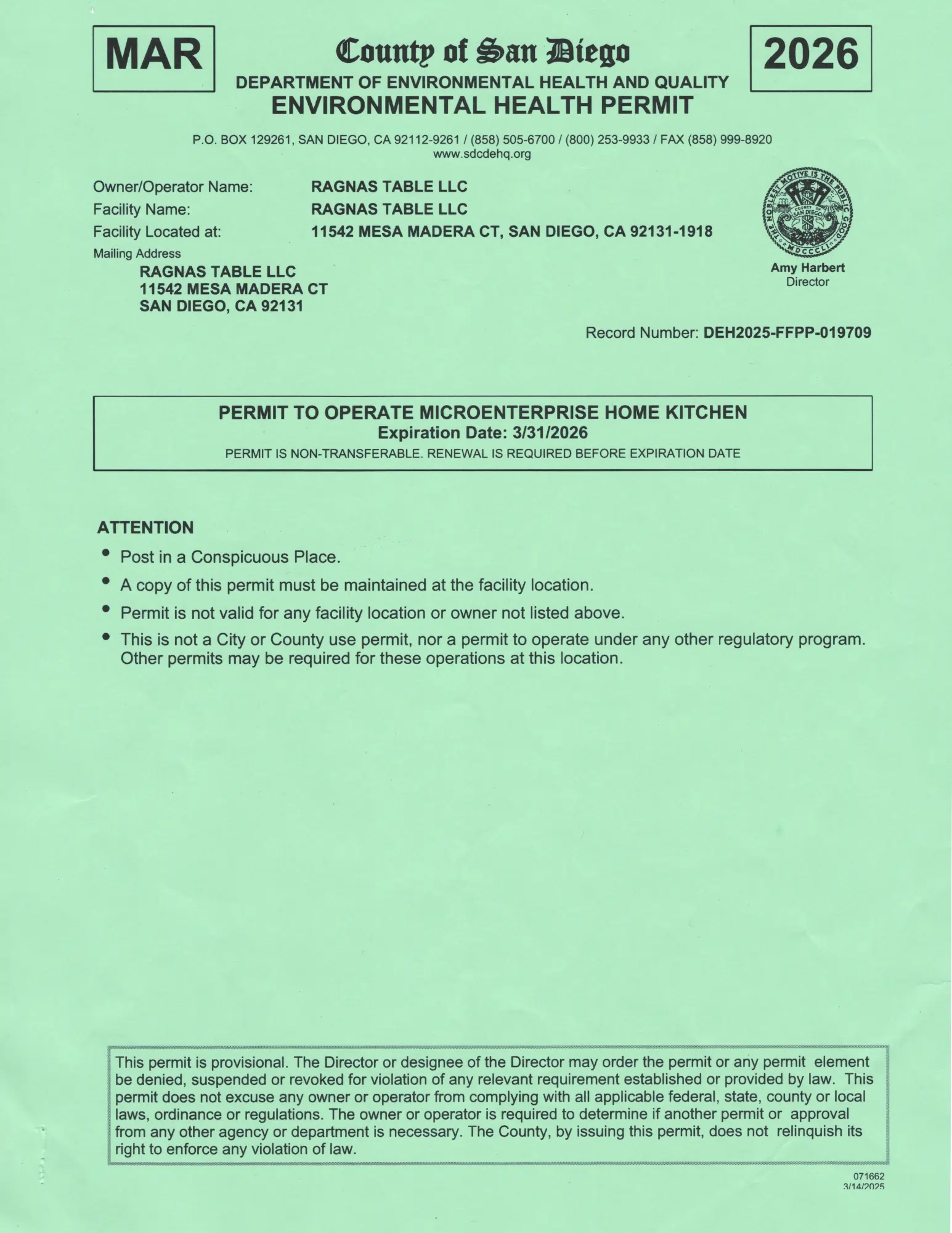 Ragna's Table LLC - San Diego County - Environmental Health Permit