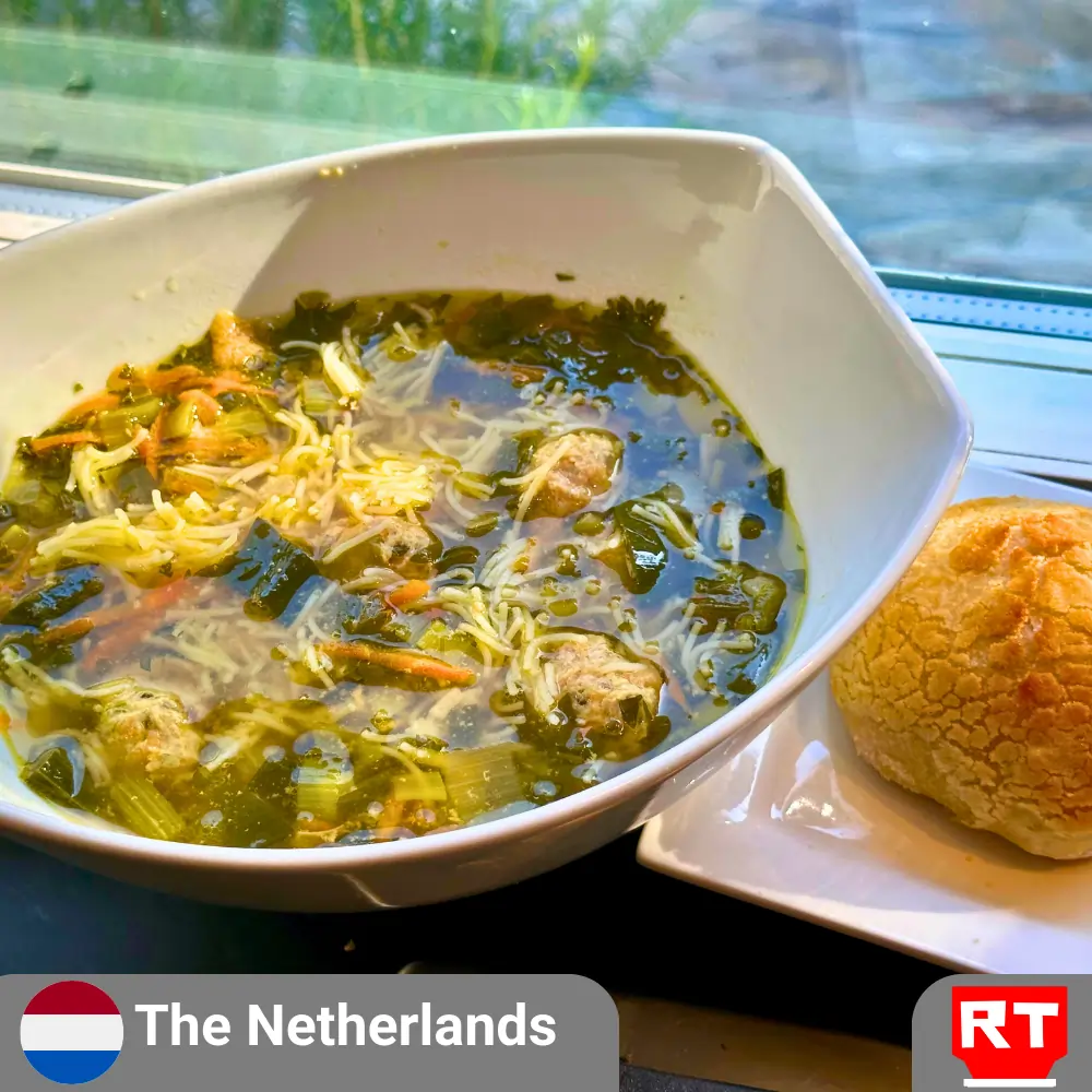 Cozy Up with this Dutch Classic: Groentesoep Met Balletjes, with Ham and Cheese Tigerbread Bun (includes complimentary surprise dessert).