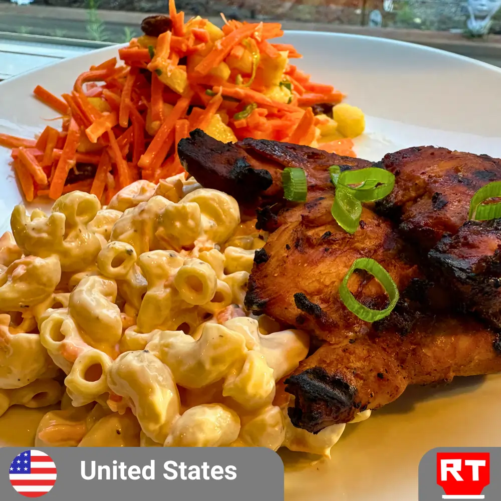 Huli Huli Chicken, Creamy Mac Salad, and Pineapple Carrot Slaw (includes complimentary surprise dessert)