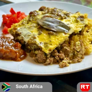South African Bobotie with Geelrijs, Chutney and a Side Salad (includes complimentary surprise dessert)