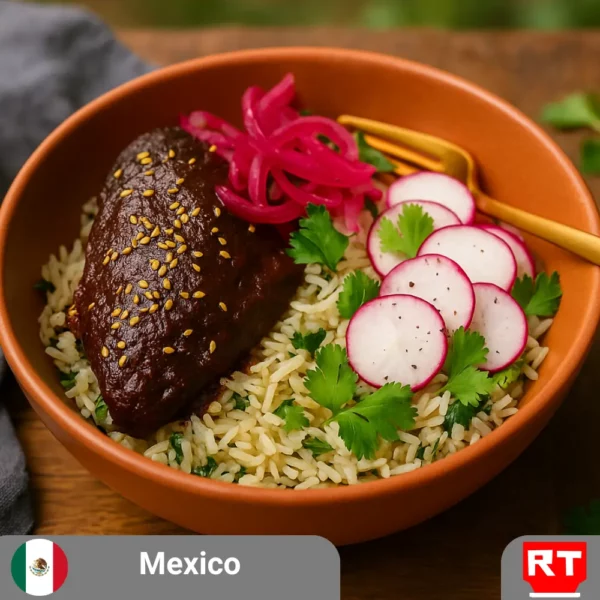 Chicken Mole Negro with Cilantro Lime Rice & Pickled Garnishes (includes complimentary surprise dessert)