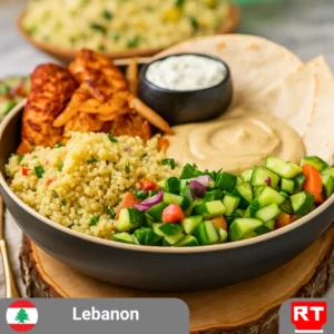 Grilled Chicken Shawarma, Toum, Hummus, Fresh Salad, Rice and Pita (includes surprise complimentary dessert)