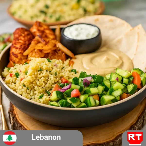 Grilled Chicken Shawarma, Toum, Hummus, Fresh Salad, Rice and Pita (includes surprise complimentary dessert)
