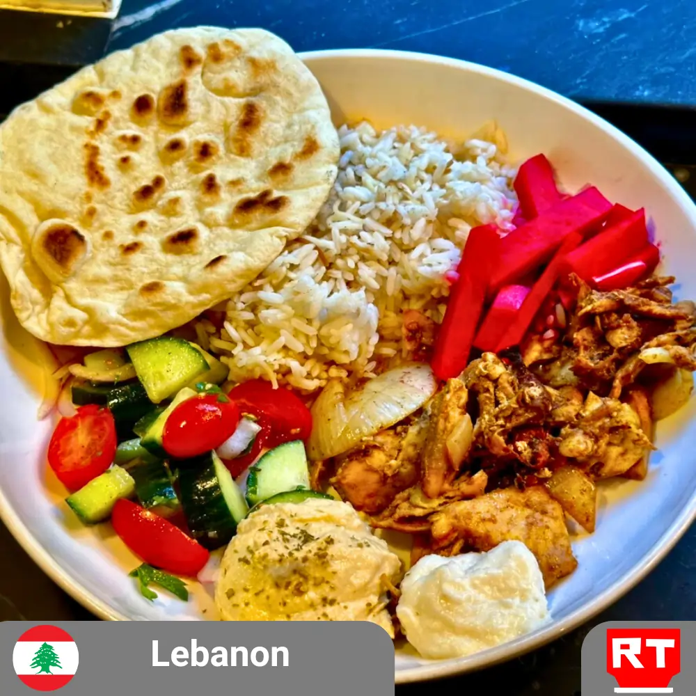 Grilled Chicken Shawarma, Toum, Hummus, Fresh Salad, Rice and Pita (includes surprise complimentary dessert)