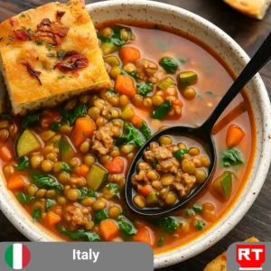 Italian Lentil & Sausage Soup with Focaccia Muffins (includes complimentary surprise dessert)