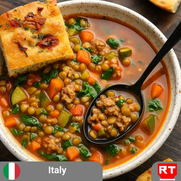 Italian Lentil & Sausage Soup with Focaccia Muffins (includes complimentary surprise dessert)