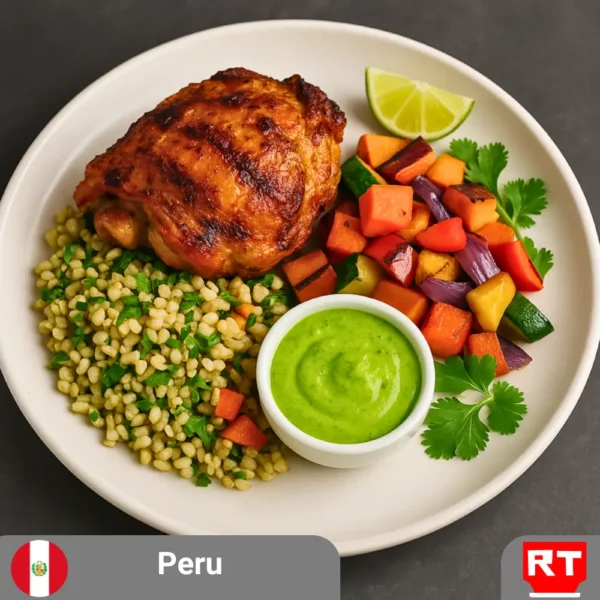 Peruvian Grilled Chicken with Cilantro-Lime Barley, Roasted Vegetables and Aji Verde (includes complimentary surprise dessert)