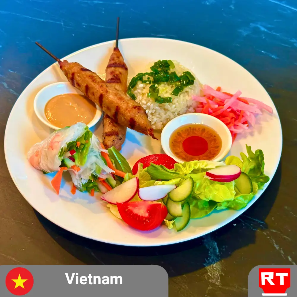 Vietnamese Gỏi Cuốn - Fresh Spring Rolls, Chicken & Pork Skewers, Sticky Rice with Scallion Oil, and Pickled Carrot and Daikon (includes complimentary surprise dessert)