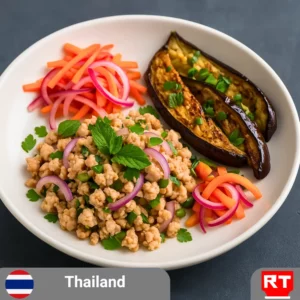 Larb Gai with Pickled Vegetables & Grilled Eggplant Salad (Yum Makhuea Yao)(includes complimentary surprise dessert)