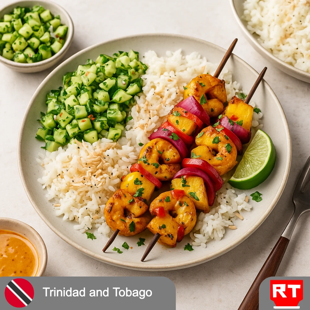 Coconut Curry Shrimp & Pineapple Skewers with Toasted Coconut Rice and Cucumber Chow (includes complimentary surprise dessert)