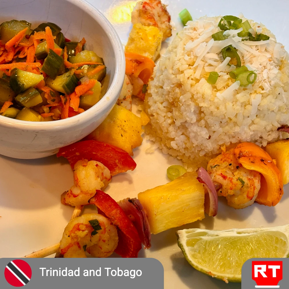 Coconut Curry Shrimp & Pineapple Skewers with Toasted Coconut Rice and Cucumber Chow (includes complimentary surprise dessert)