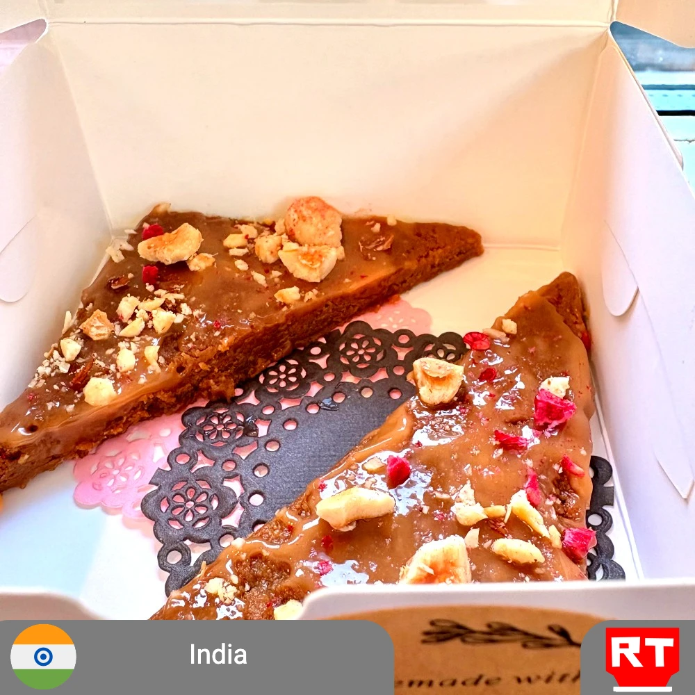 Besan Fudge with Caramel and Raspberry Dust