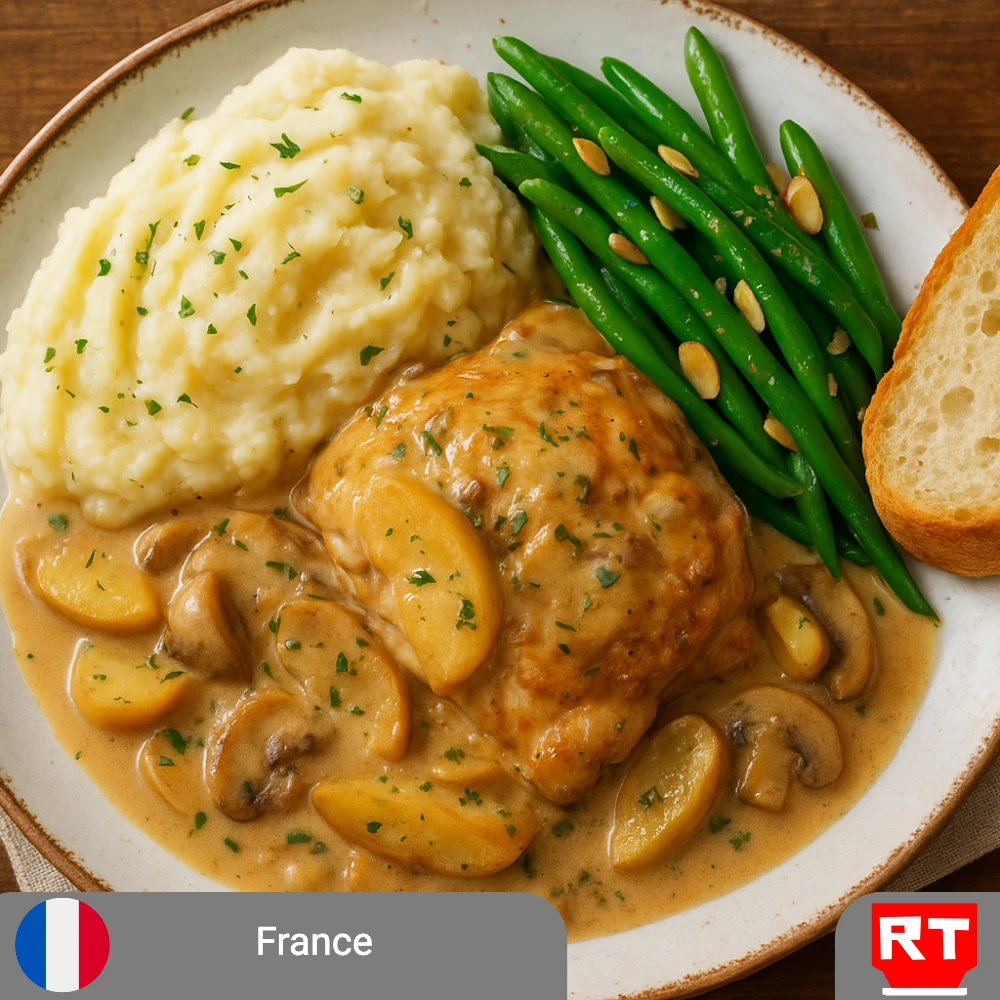 Poulet à la Normande: Normandy’s Creamy Apple-Braised Chicken with Green Beans, Mashed Potatoes and French Bread (includes complimentary surprise dessert)