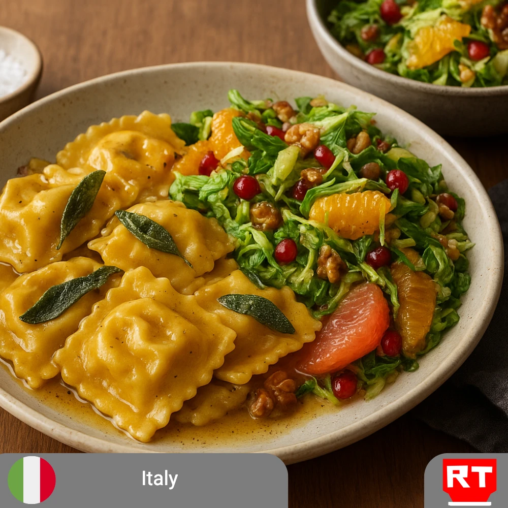Pumpkin Agnolotti with Brown Butter & Sage Sauce, served with Shaved Brussels Sprouts, Walnut & Citrus Salad (includes complimentary surprise dessert)
