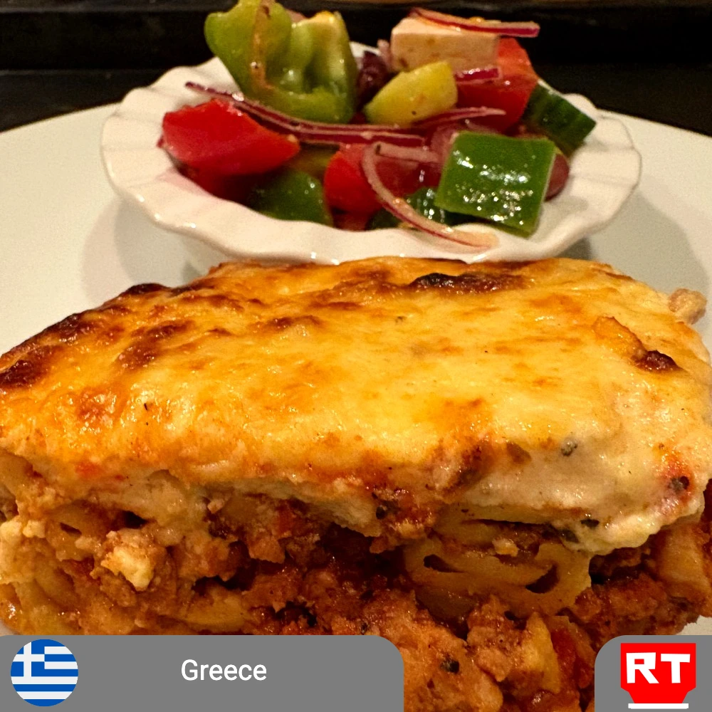 Greek Pastitsio with High-Protein/Gluten-Free Home-Made Pasta & Village Salad (includes complimentary surprise dessert)