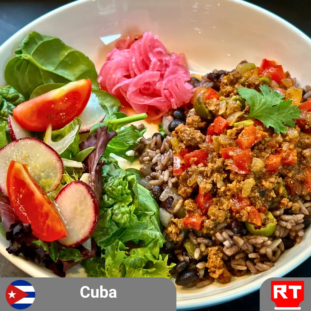 Cuban Picadillo con Moros y Cristianos, Pickled Red Onions and Simple Green Salad (includes complimentary surprise dessert)