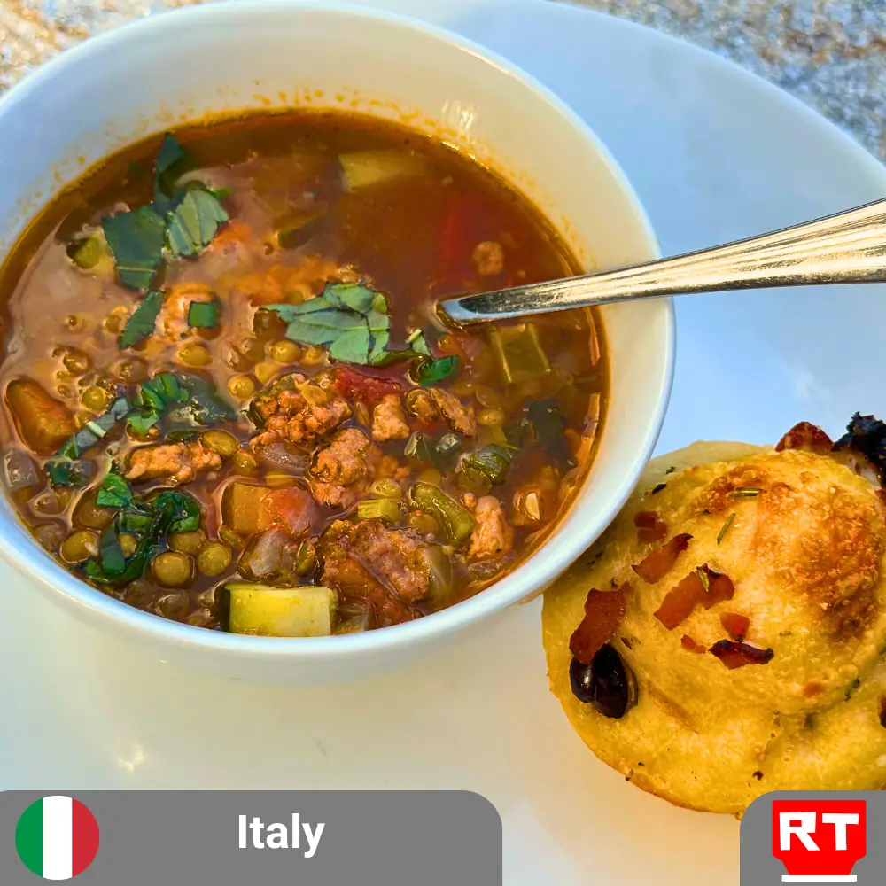 Italian Lentil and Sausage Soup with Focaccia Muffins (includes complimentary surprise dessert)