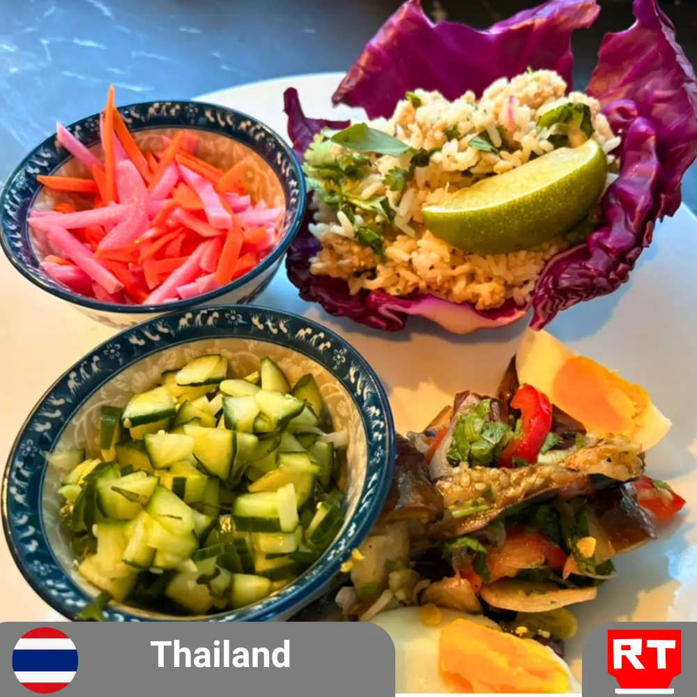 Larb Gai with Pickled Vegetables and Grilled Eggplant Salad (Yum Makhuea Yao)(includes complimentary surprise dessert)