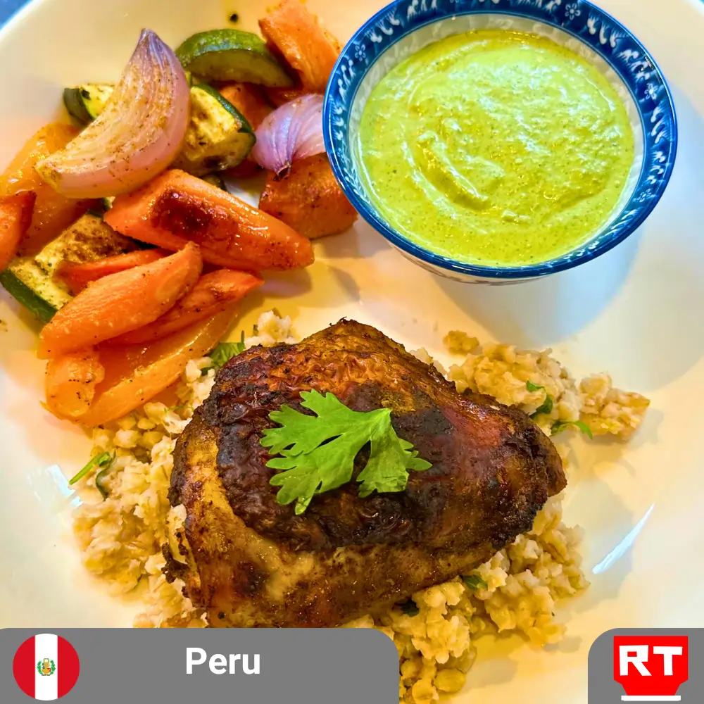 Peruvian Grilled Chicken with Cilantro-Lime Barley, Roasted Vegetables and Aji Verde (includes complimentary surprise dessert)