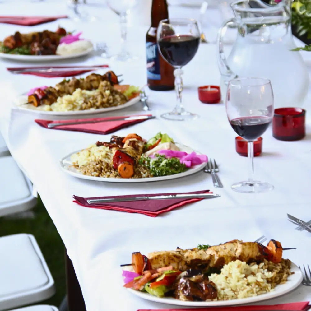 Grilled Chicken Shawarma, Toum, Hummus, Fresh Salad, Rice and Pita (includes surprise complimentary dessert)