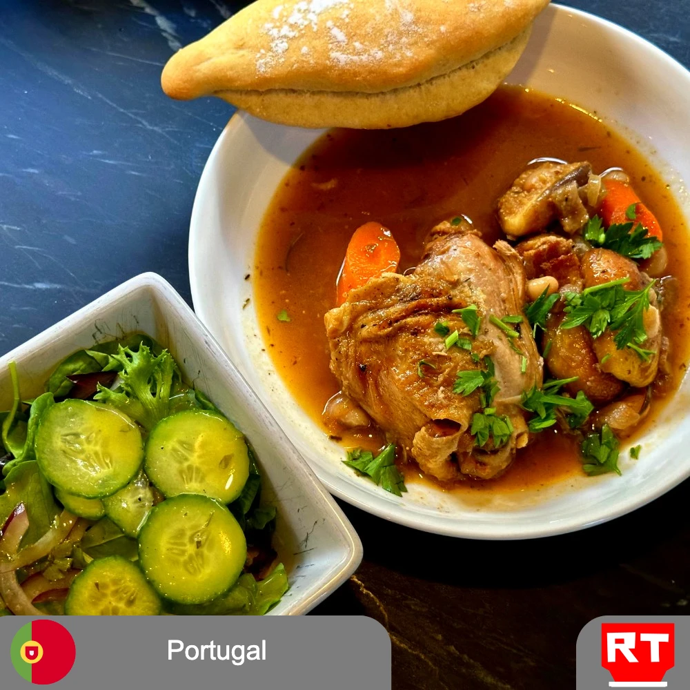 Portuguese Braised Chicken with Figs and Bacon, Accompanied by a Bun and Fresh Salad (includes complimentary surprise dessert)