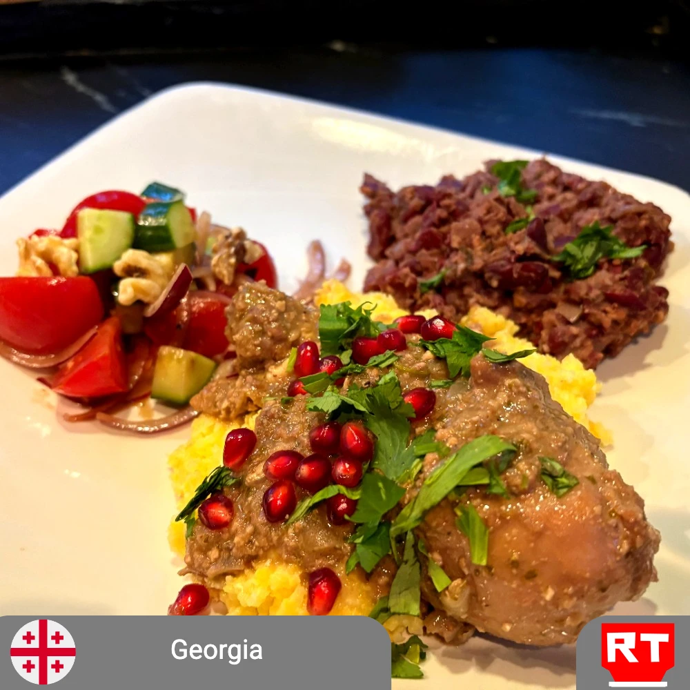 Georgian Feast - Chicken Satsivi & Lobio with Ghomi and Georgian Salad (Vegetarian Option Available) (includes complimentary surprise dessert)