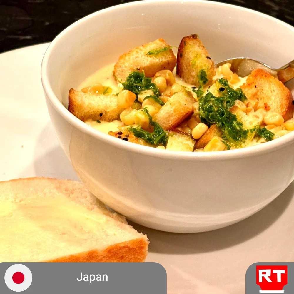 Japanese Corn Potage with Sesame Croutons and Shokupan (includes complimentary surprise dessert)