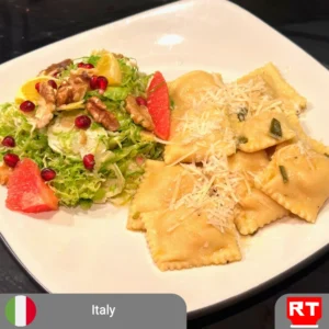 Pumpkin Agnolotti with Brown Butter & Sage Sauce, served with Shaved Brussels Sprouts, Walnut & Citrus Salad (includes complimentary surprise dessert)