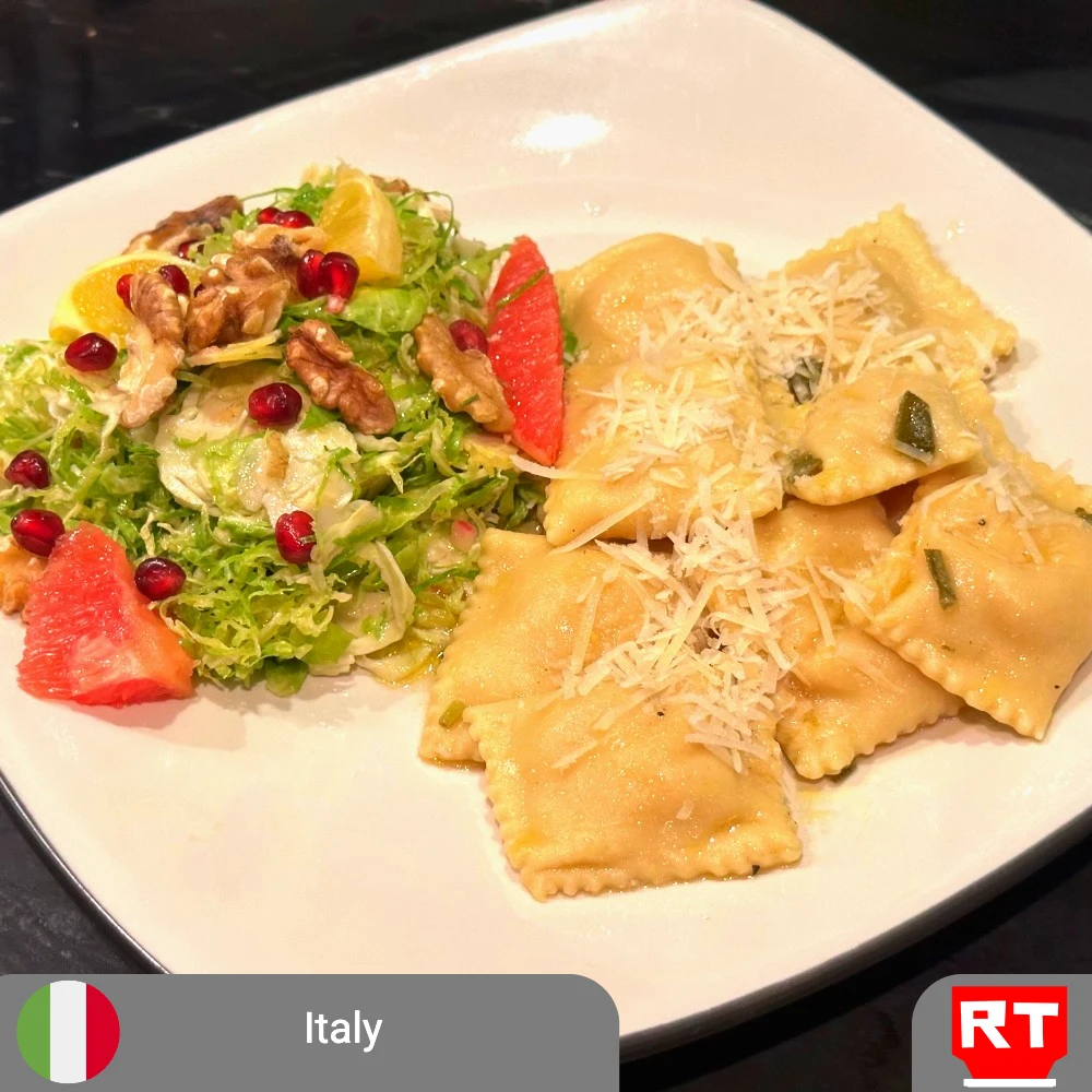 Pumpkin Agnolotti with Brown Butter & Sage Sauce, served with Shaved Brussels Sprouts, Walnut & Citrus Salad (includes complimentary surprise dessert)