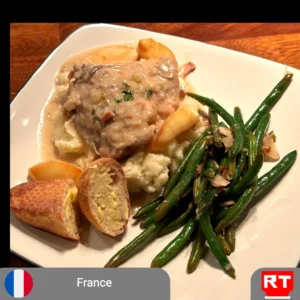 Poulet à la Normande: Normandy’s Creamy Apple-Braised Chicken with Green Beans, Mashed Potatoes and French Bread (includes complimentary surprise dessert)