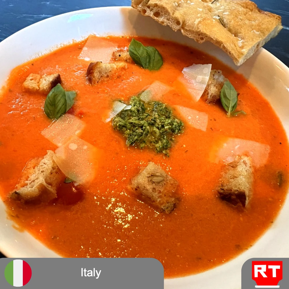 Late Summer Roasted Tomato Soup with Arugula Almond Pesto and Rosemary Sea Salt Focaccia (includes complimentary surprise dessert)