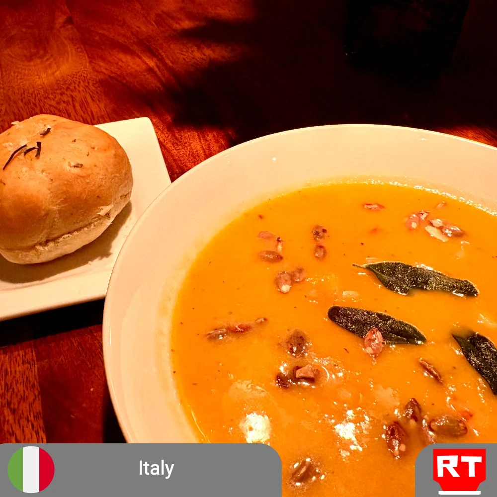 Italian-Inspired Vegetarian Roasted Butternut Squash Soup with Crispy Sage, Toasted Pumpkin Seeds, and a Rosemary Olive Oil Roll