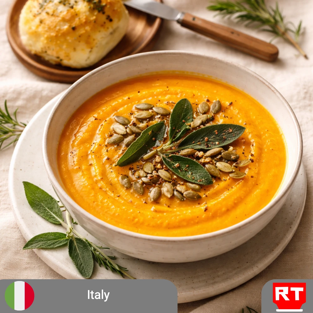 Italian-Inspired Vegetarian Roasted Butternut Squash Soup with Crispy Sage, Toasted Pumpkin Seeds, and a Rosemary Olive Oil Roll