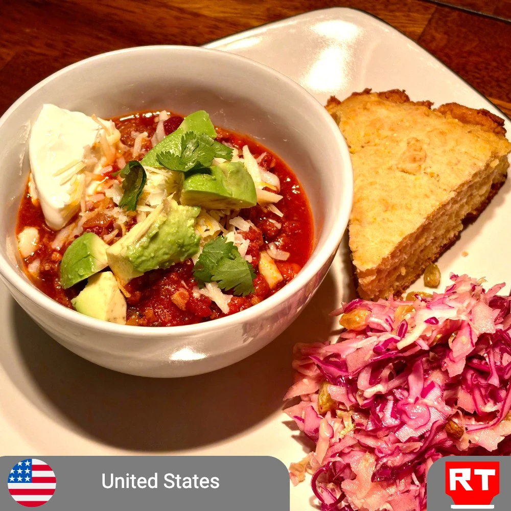 American Homestyle Chili with Cornbread & Cabbage-Apple Slaw (includes complimentary surprise dessert)
