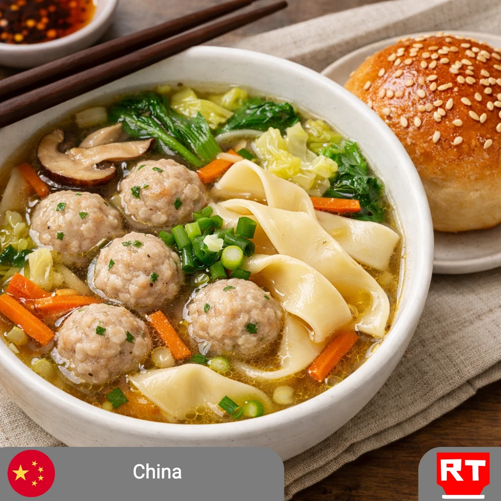 Chinese-Style Tender Pork & Wonton Ribbon Noodle Soup with Sesame Milk Bread Roll (includes complimentary surprise dessert)