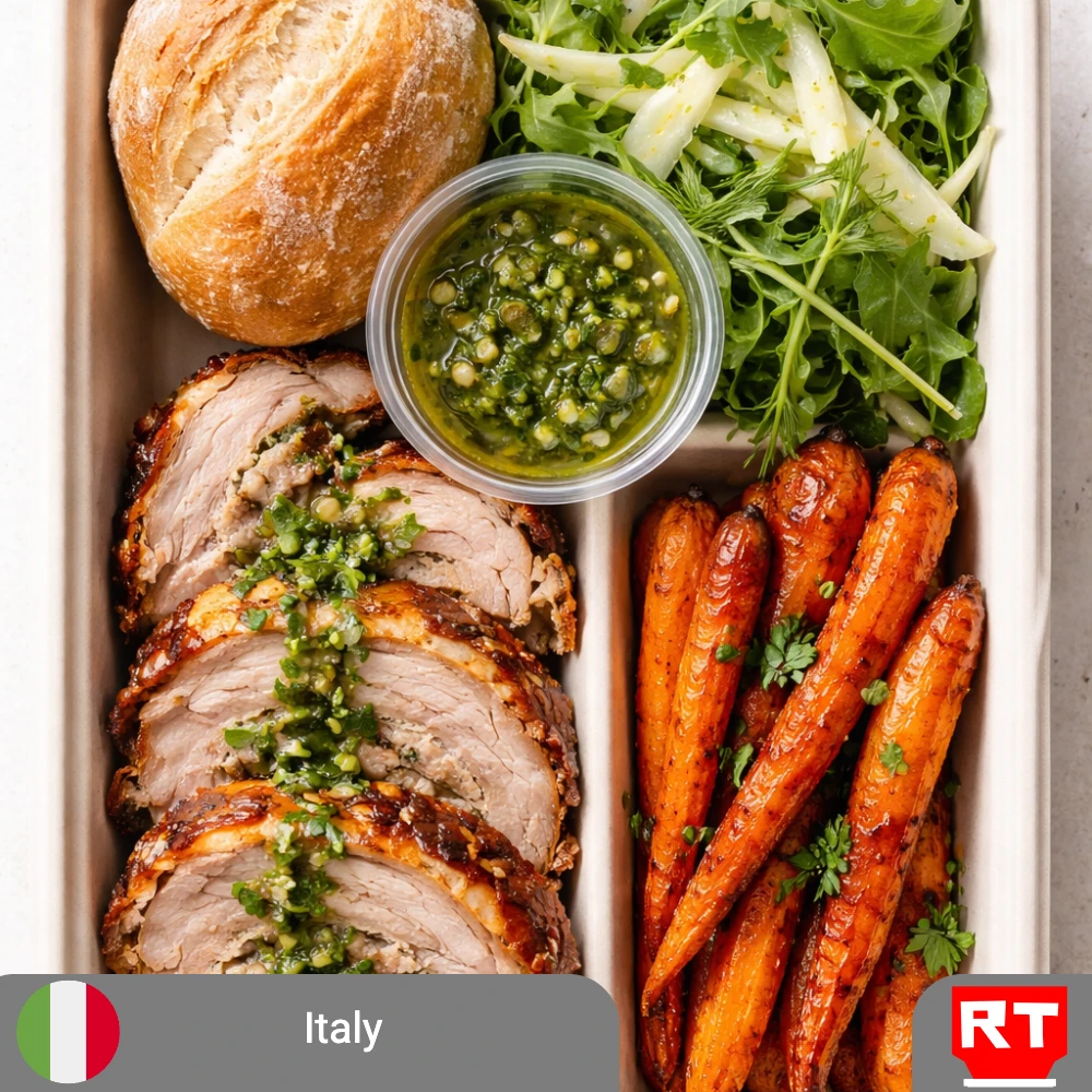 Italian Porchetta Sandwich with Crunchy Homemade Roll, Salsa Verde, Roasted Carrots and Lemon-Fennel Arugula Salad (includes complimentary surprise dessert)