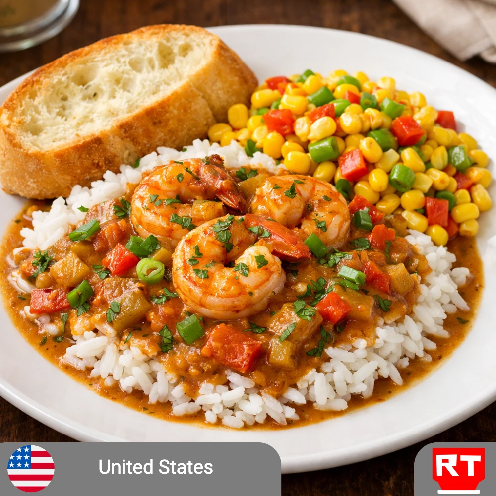 Shrimp Étouffée: A Louisiana Classic with Rice, Maque Choux & French Bread (includes complimentary surprise dessert)