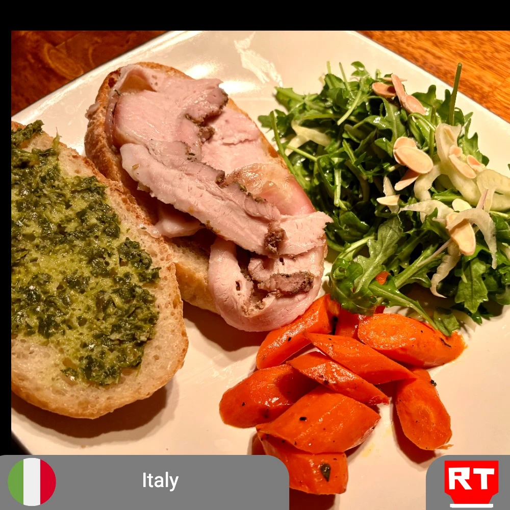 Italian Porchetta Sandwich with Crunchy Homemade Roll, Salsa Verde, Roasted Carrots and Lemon-Fennel Arugula Salad (includes complimentary surprise dessert)