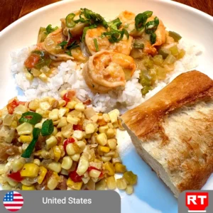 Shrimp Étouffée: A Louisiana Classic with Rice, Maque Choux & French Bread (includes complimentary surprise dessert)