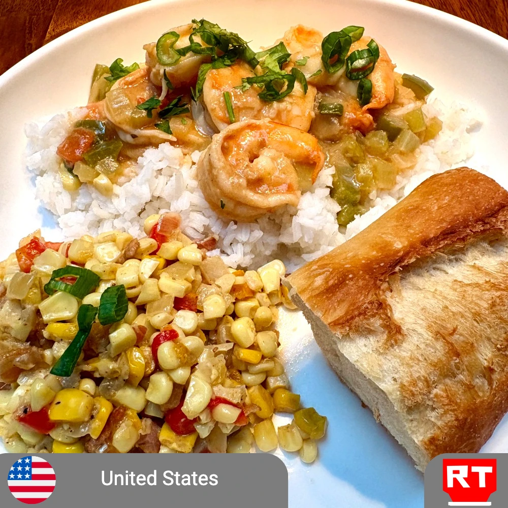 Shrimp Étouffée: A Louisiana Classic with Rice, Maque Choux & French Bread (includes complimentary surprise dessert)