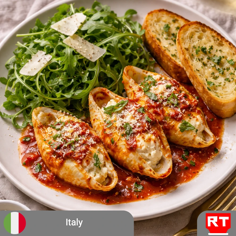 Italy’s Rustic Three-Cheese Shells with Herb Salad & Crispy Garlic Bread (includes complimentary surprise dessert)