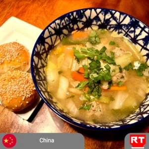Chinese-Style Tender Pork & Wonton Ribbon Noodle Soup with Sesame Milk Bread Roll (includes complimentary surprise dessert)