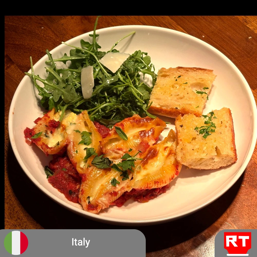 Italy’s Rustic Three-Cheese Shells with Herb Salad & Crispy Garlic Bread (includes complimentary surprise dessert)