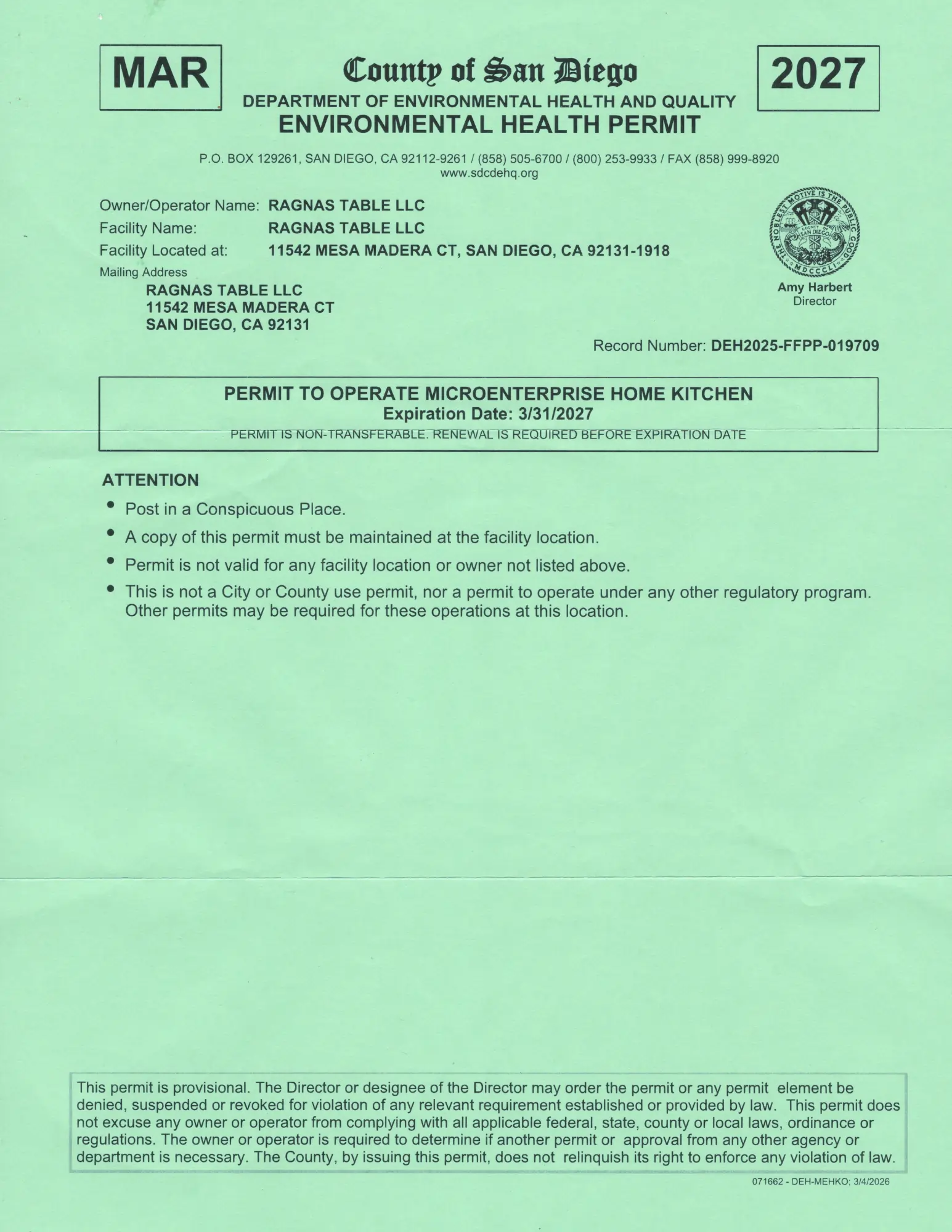 Ragna's Table 2027 MEHKO License