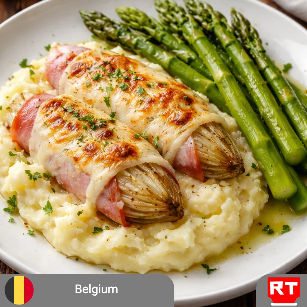 Belgian Endive and Ham Gratin with Buttery Mashed Potatoes and Asparagus (includes complimentary surprise dessert)