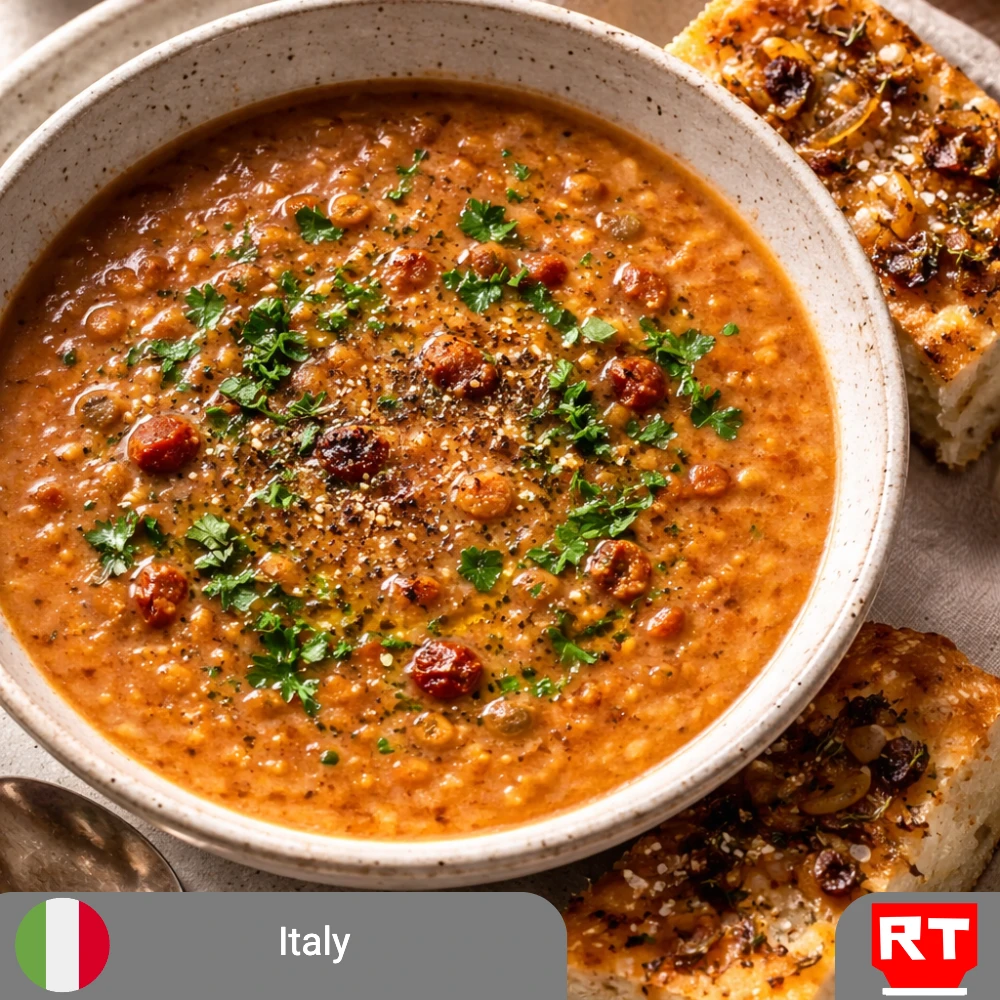 Creamy Italian Lentil and Sun-Dried Tomato Soup with Caramelized Onion and Thyme Focaccia (includes complimentary surprise dessert)